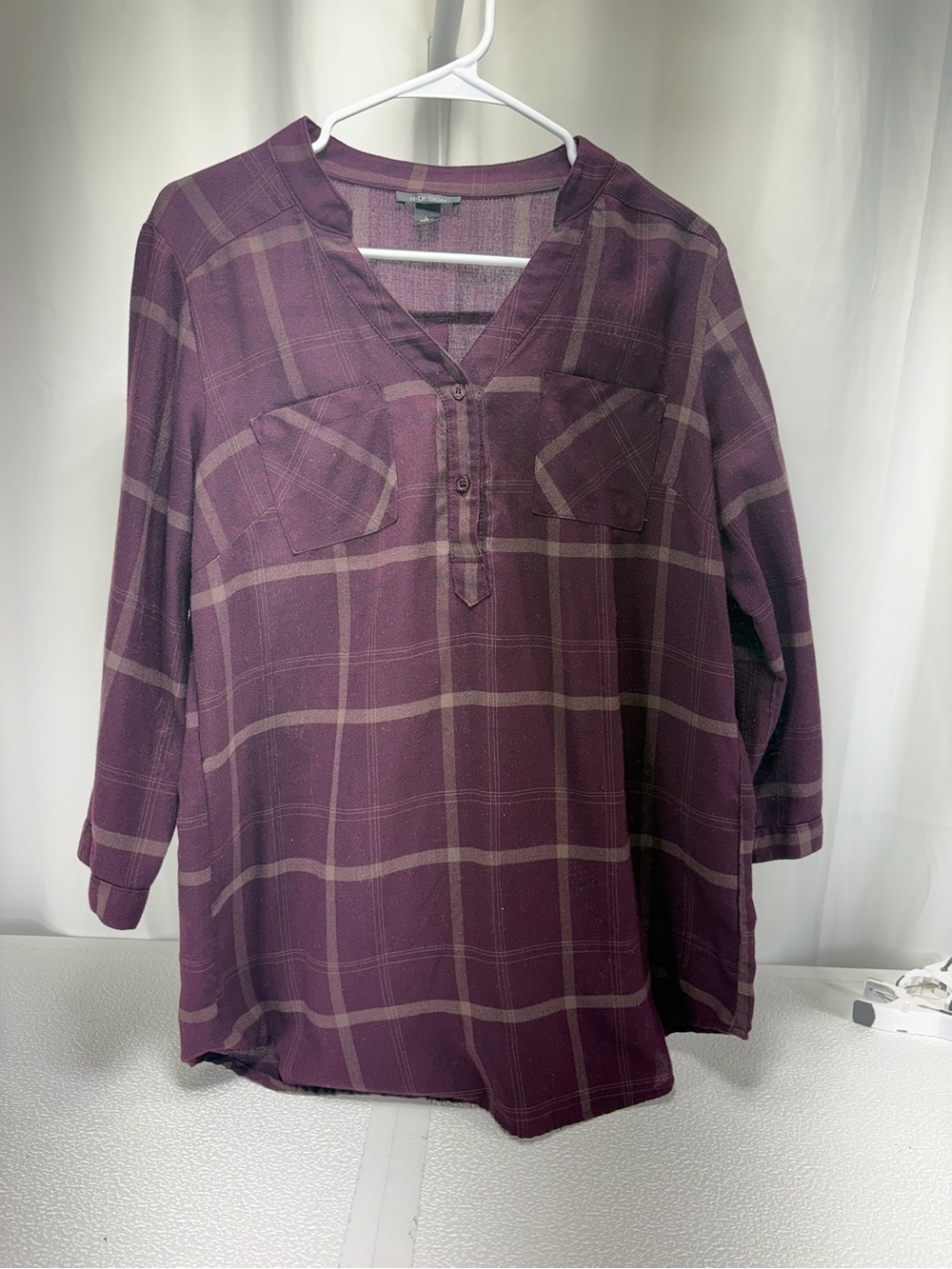 Women's Plum Plaid V-Neck Tunic with Button Placket 4576